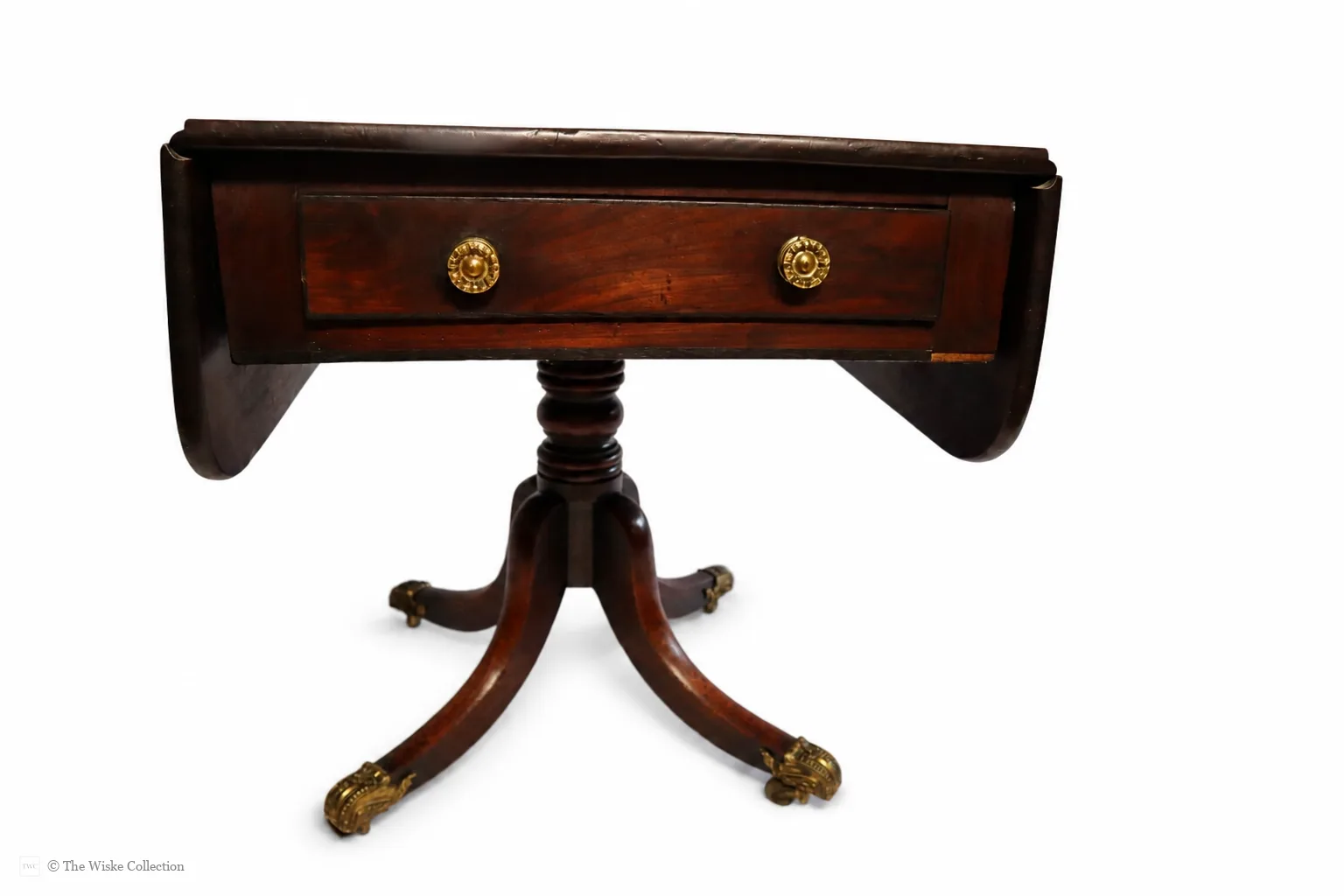 English late Regency mahogany drop-leaf Pembroke table, maker unknown, rectangular with rounded corners, frieze and blind drawers; raised on a turned pedestal with splayed legs ending in brass lion-paw feet and castors thumbnail 3