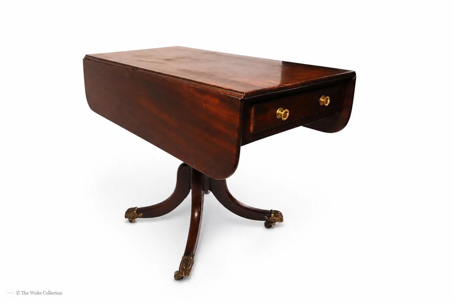 English late Regency mahogany drop-leaf Pembroke table, maker unknown, rectangular with rounded corners, frieze and blind drawers; raised on a turned pedestal with splayed legs ending in brass lion-paw feet and castors thumbnail 4