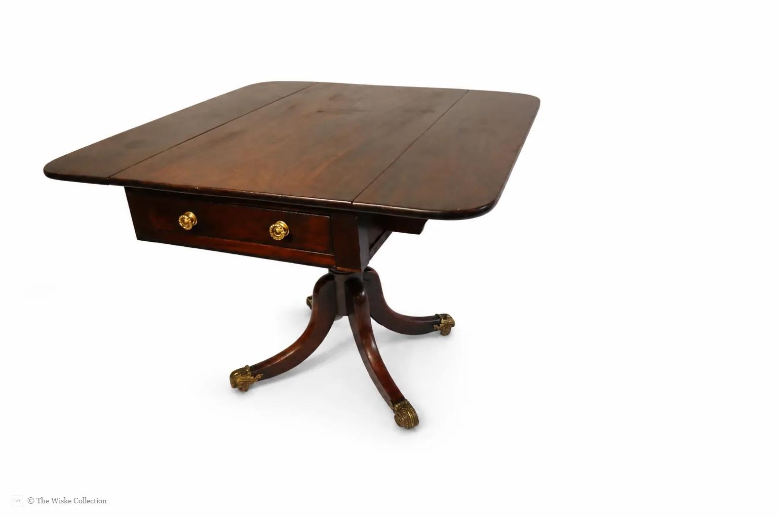 English late Regency mahogany drop-leaf Pembroke table, maker unknown, rectangular with rounded corners, frieze and blind drawers; raised on a turned pedestal with splayed legs ending in brass lion-paw feet and castors thumbnail 11