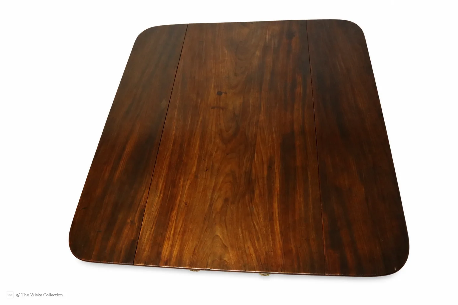 English late Regency mahogany drop-leaf Pembroke table, maker unknown, rectangular with rounded corners, frieze and blind drawers; raised on a turned pedestal with splayed legs ending in brass lion-paw feet and castors thumbnail 12