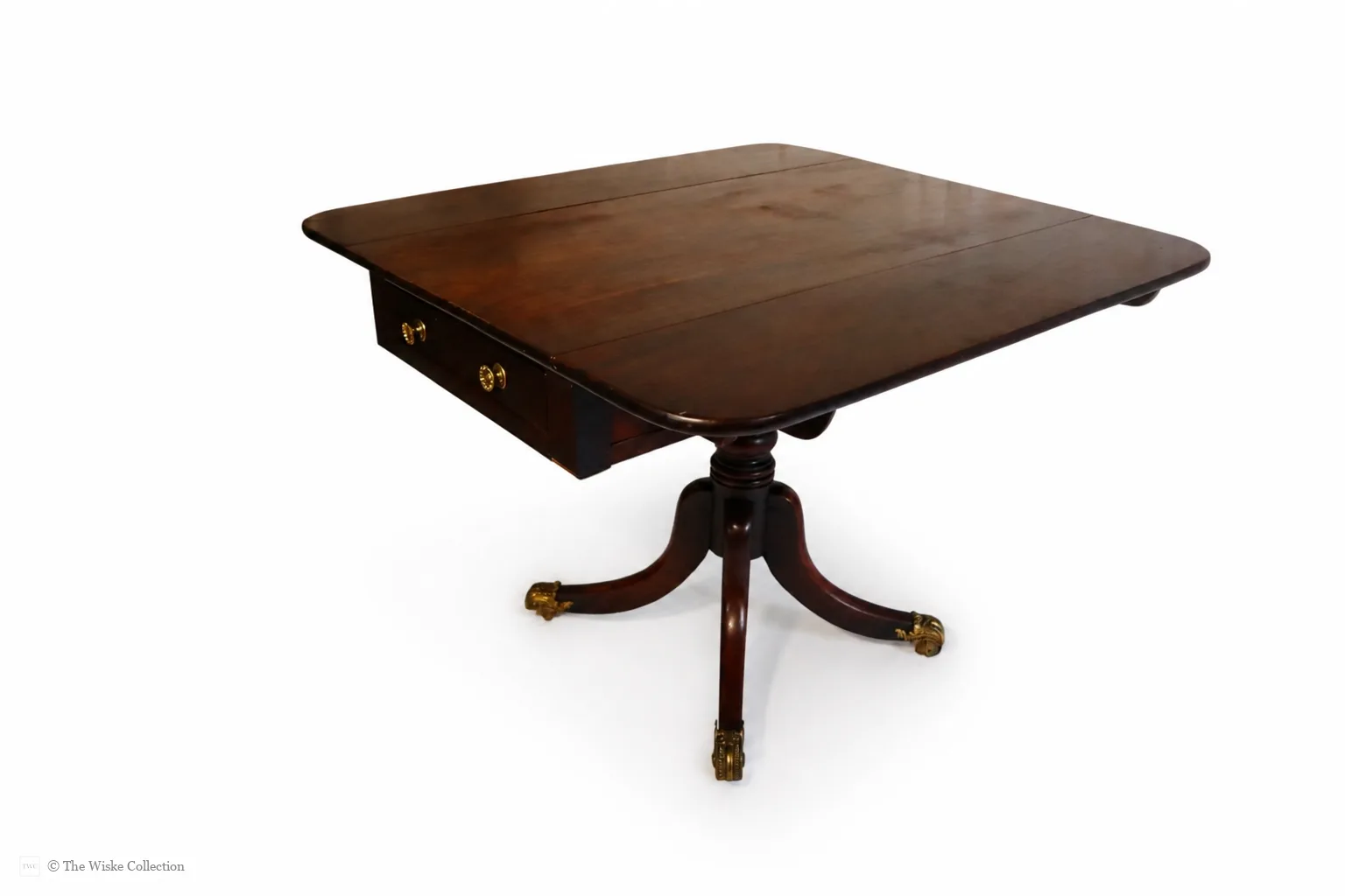English late Regency mahogany drop-leaf Pembroke table, maker unknown, rectangular with rounded corners, frieze and blind drawers; raised on a turned pedestal with splayed legs ending in brass lion-paw feet and castors thumbnail 13