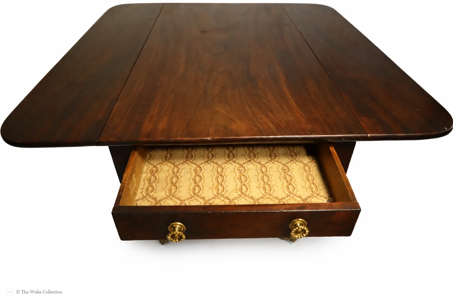 English late Regency mahogany drop-leaf Pembroke table, maker unknown, rectangular with rounded corners, frieze and blind drawers; raised on a turned pedestal with splayed legs ending in brass lion-paw feet and castors thumbnail 14