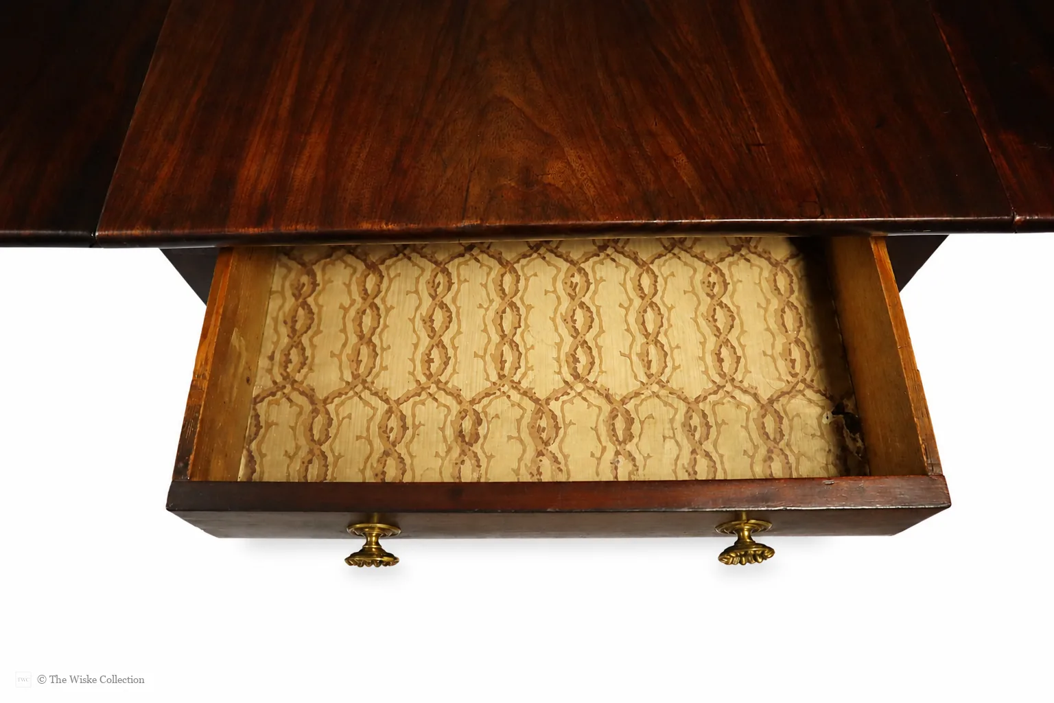 English late Regency mahogany drop-leaf Pembroke table, maker unknown, rectangular with rounded corners, frieze and blind drawers; raised on a turned pedestal with splayed legs ending in brass lion-paw feet and castors thumbnail 15
