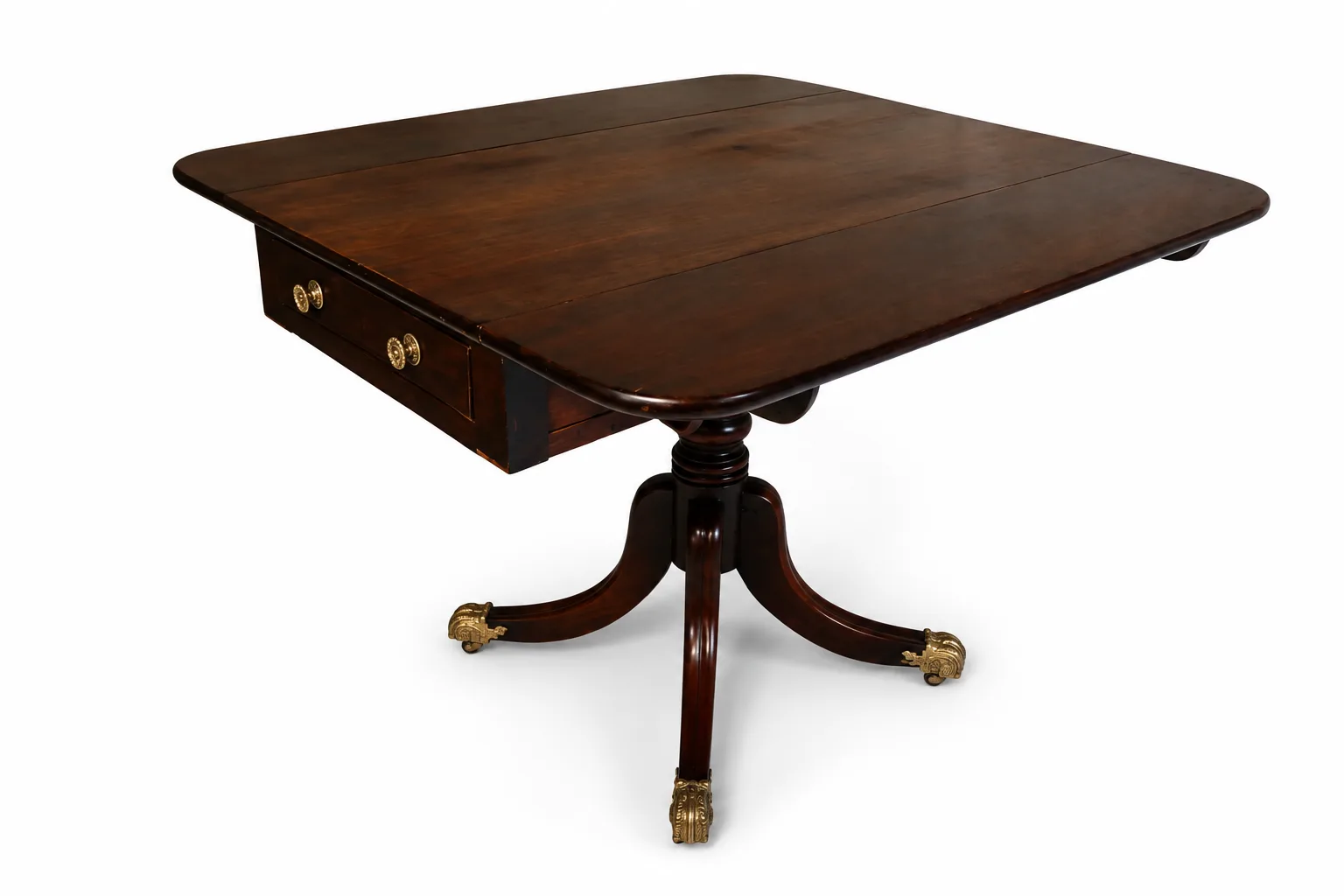 English late Regency mahogany drop-leaf Pembroke table, maker unknown, rectangular with rounded corners, frieze and blind drawers; raised on a turned pedestal with splayed legs ending in brass lion-paw feet and castors - Plate 1