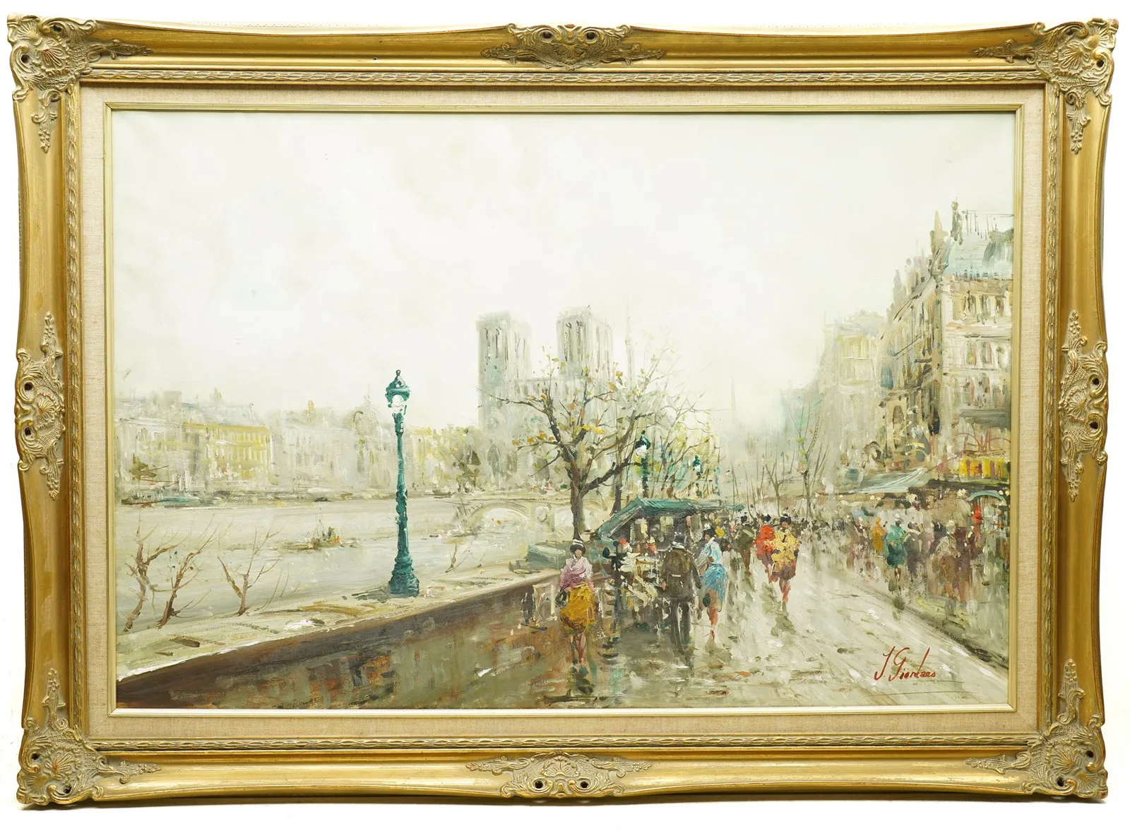 French School (Mid-20th century): Parisian Street Scene, oil on canvas signed J Giordans 60cm x 91cm thumbnail 2