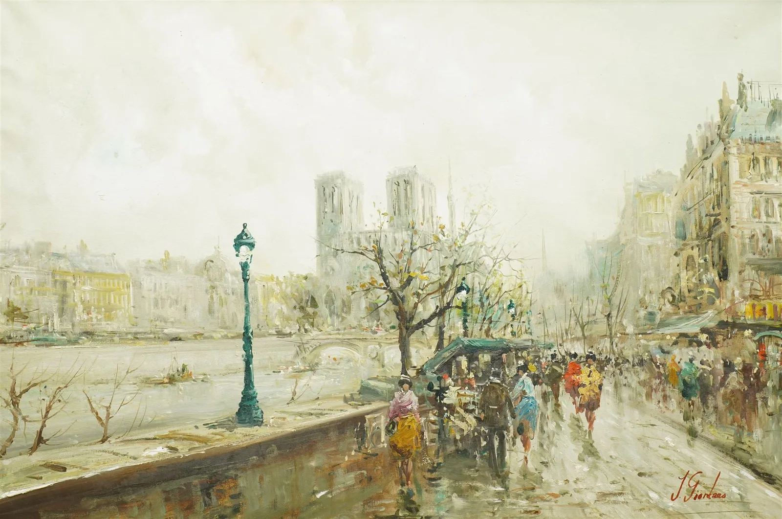 French School (Mid-20th century): Parisian Street Scene, oil on canvas signed J Giordans 60cm x 91cm - Plate 1