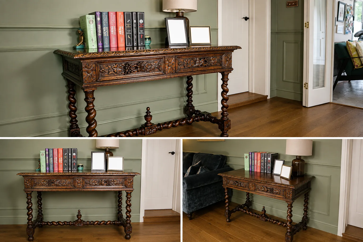Victorian carved oak side table with solid moulded and carved rectangular top, deep frieze of foliate-carved twin drawers flanking a central panel, on barley-twist legs united by a shaped stretcher with turned knop, ending in block feet thumbnail 2