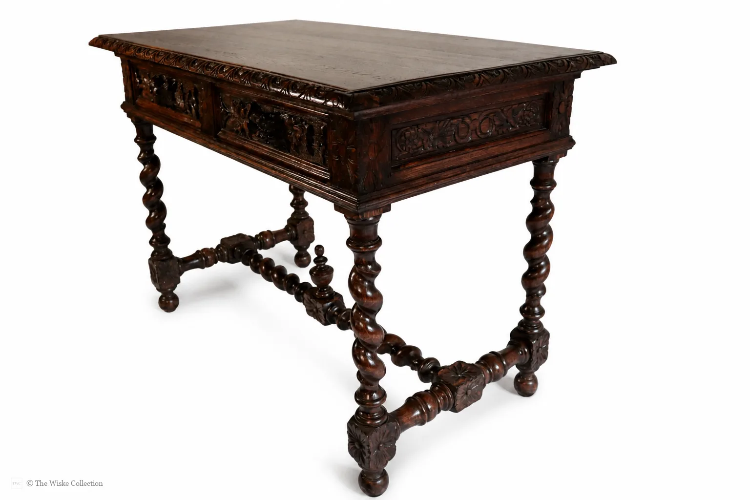 Victorian carved oak side table with solid moulded and carved rectangular top, deep frieze of foliate-carved twin drawers flanking a central panel, on barley-twist legs united by a shaped stretcher with turned knop, ending in block feet thumbnail 4