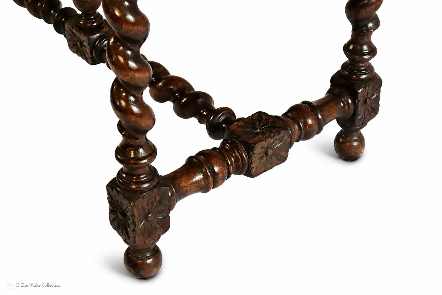 Victorian carved oak side table with solid moulded and carved rectangular top, deep frieze of foliate-carved twin drawers flanking a central panel, on barley-twist legs united by a shaped stretcher with turned knop, ending in block feet thumbnail 5