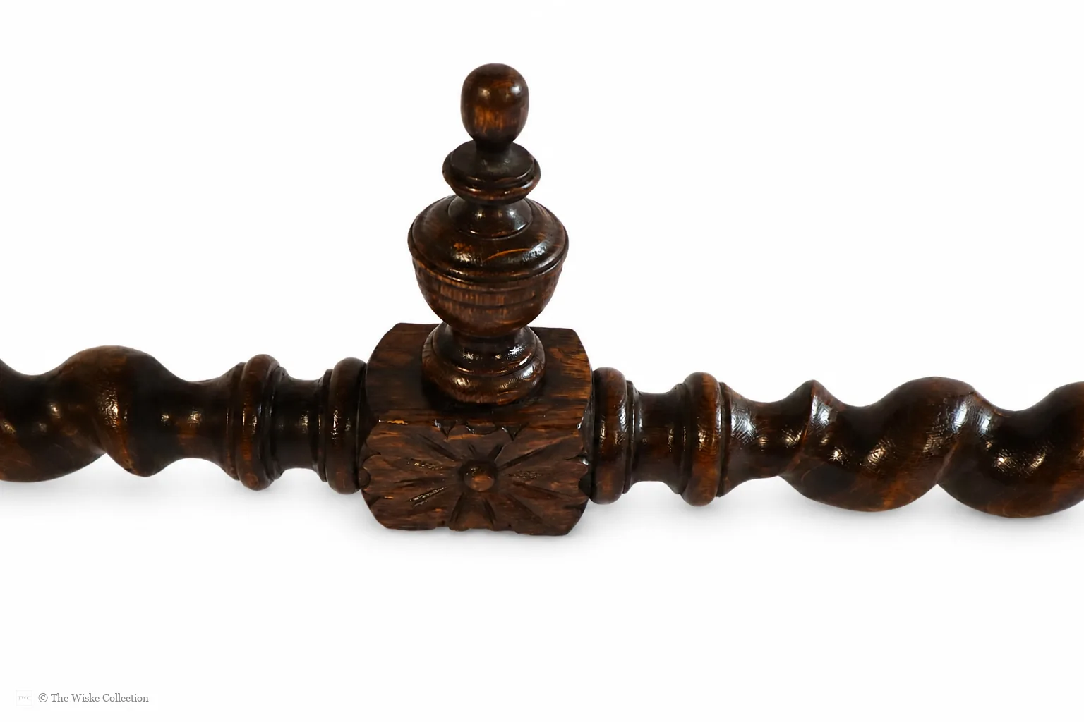 Victorian carved oak side table with solid moulded and carved rectangular top, deep frieze of foliate-carved twin drawers flanking a central panel, on barley-twist legs united by a shaped stretcher with turned knop, ending in block feet thumbnail 7
