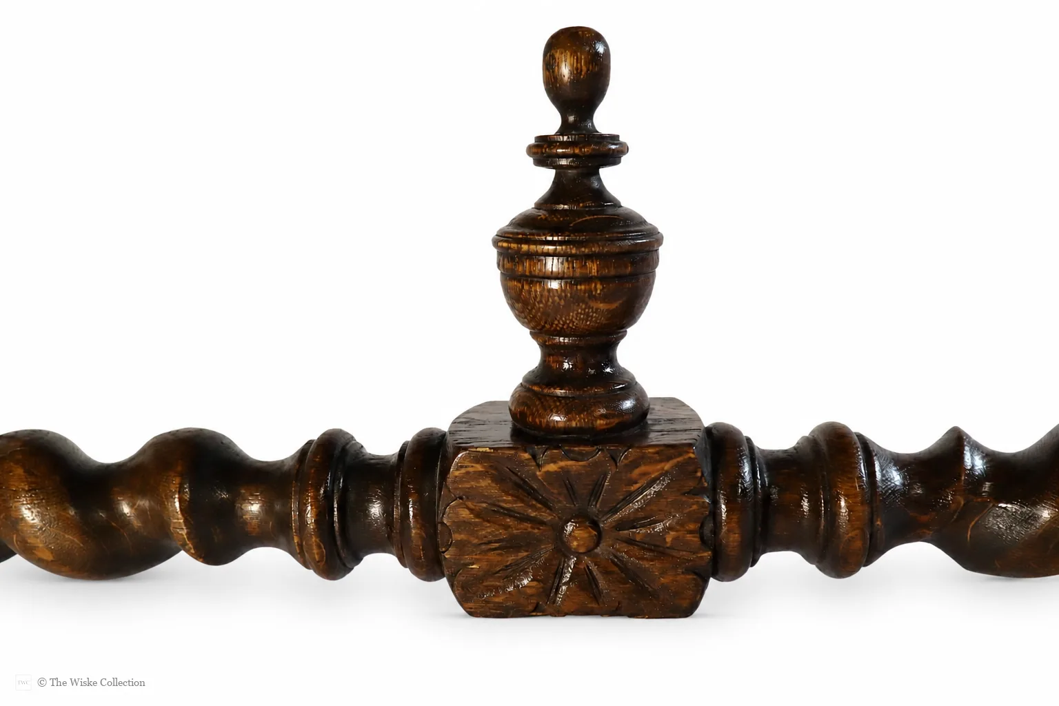 Victorian carved oak side table with solid moulded and carved rectangular top, deep frieze of foliate-carved twin drawers flanking a central panel, on barley-twist legs united by a shaped stretcher with turned knop, ending in block feet thumbnail 10